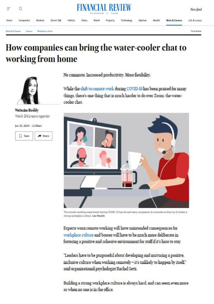 Coronavirus Australia How employers can bring the water-cooler chat to working from home